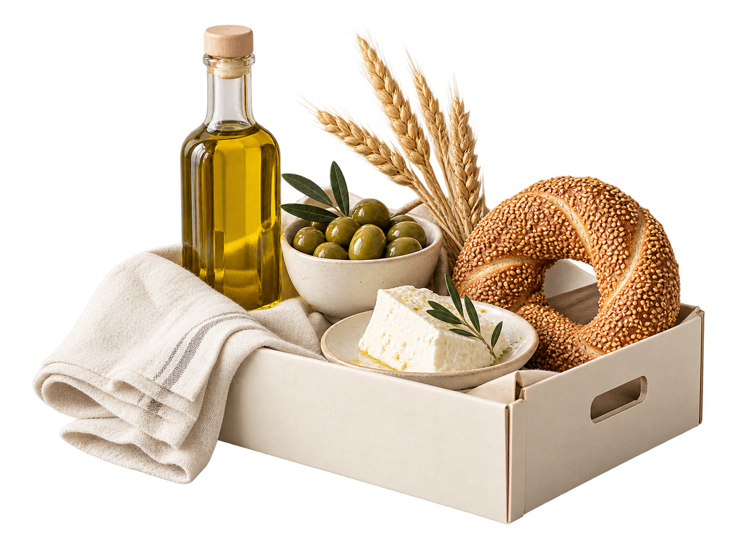 Cagette de produits méditerranéens : huile d’olive, pain et fromage