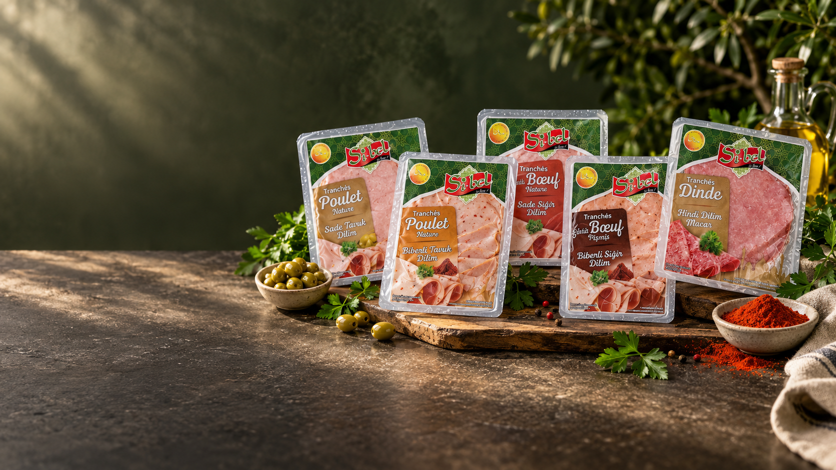 Sélection de produits Sibel sur une table méditerranéenne